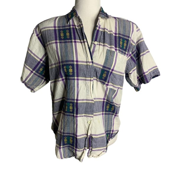 Vintage Button Up Shirt Shorts Set M Purple Plaid Embroidered Pockets Elastic - Picture 2 of 11
